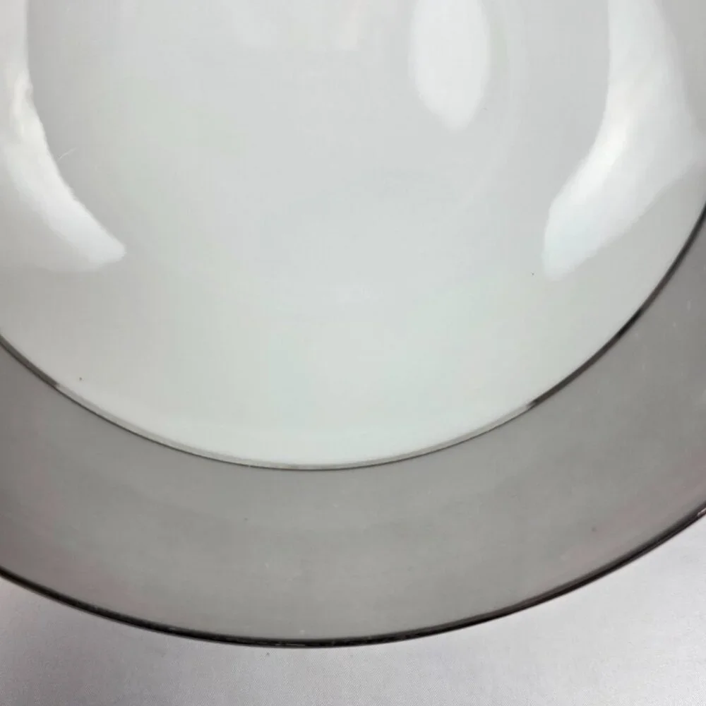 Sango Plantina Round Serving Bowl 9 Inch White with Gray Band & Platinum Trim